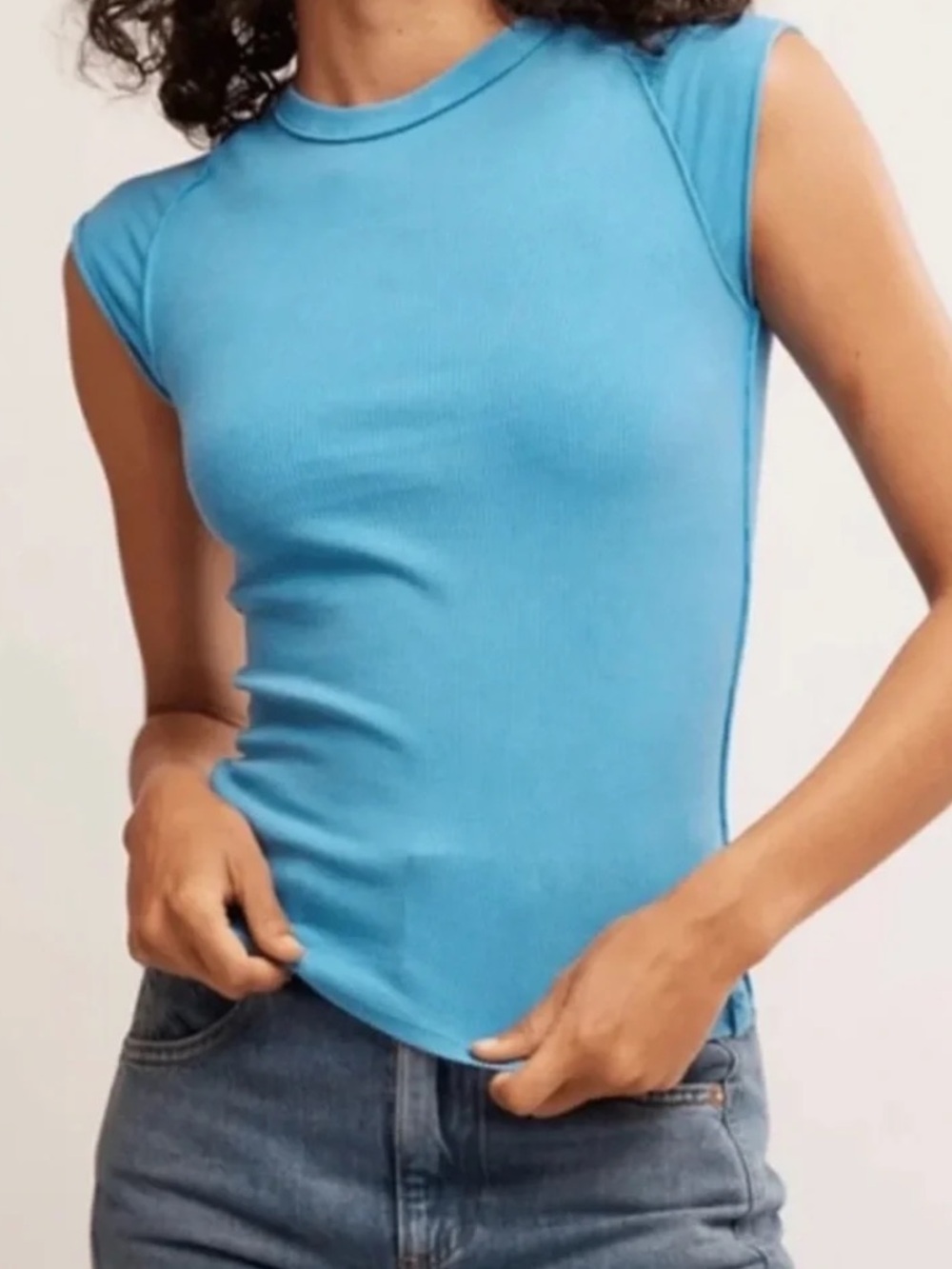 We The Free Ever Had Sky Blue Ribbed Cap-Sleeve Top